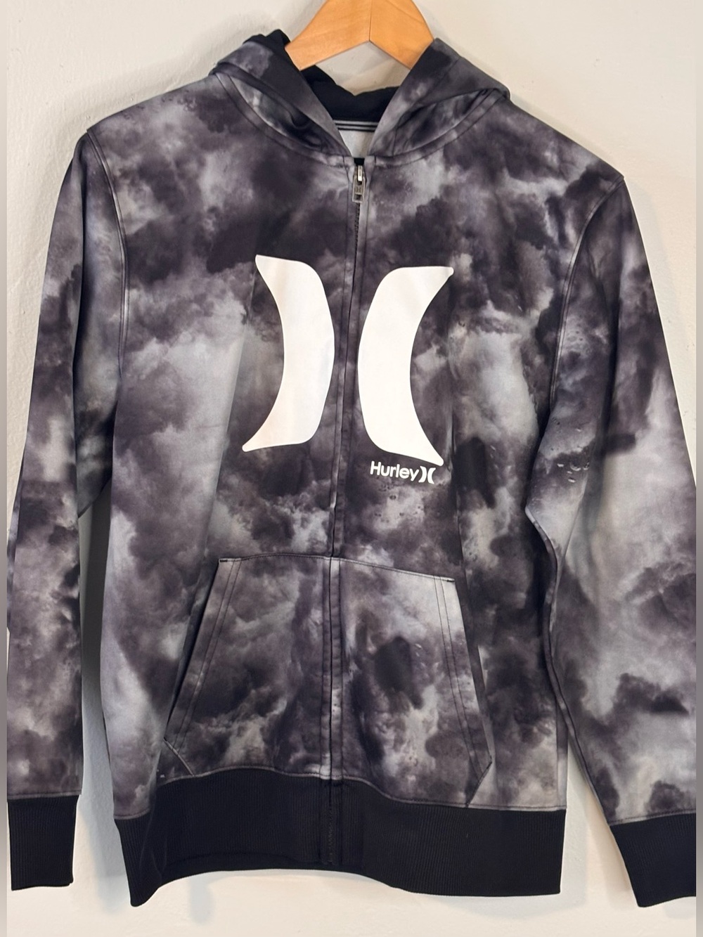 Hurley Black and Gray Tie-Dye Fleece-Lined Zip Hoodie Boys Size XL